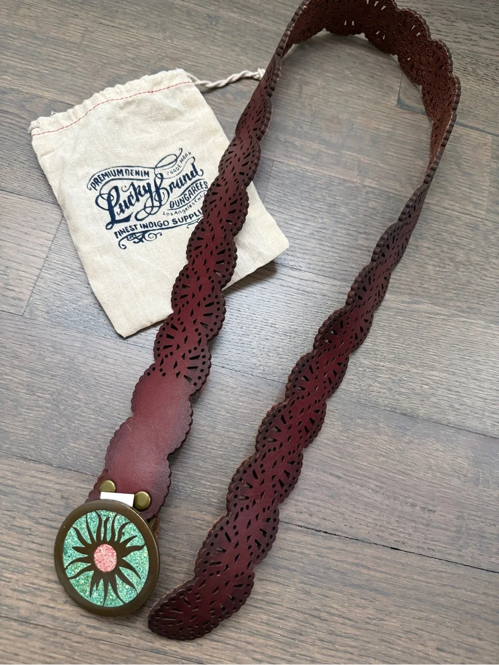 Lucky Brand Brown Scalloped Cutout Leather Belt with Brass Hardware